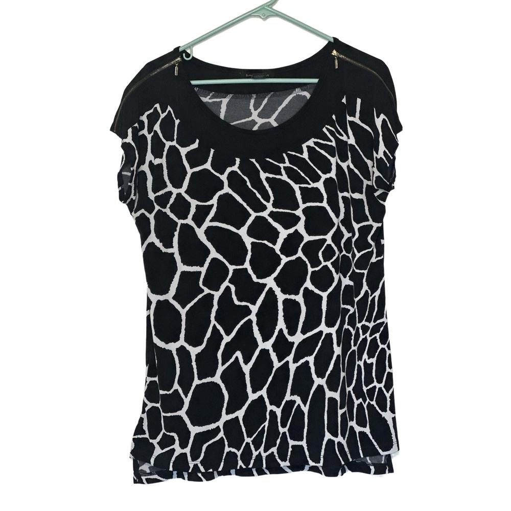 Susan Lawrence XL Giraffe Print Blouse Black White Gold Zip Short Sleeve